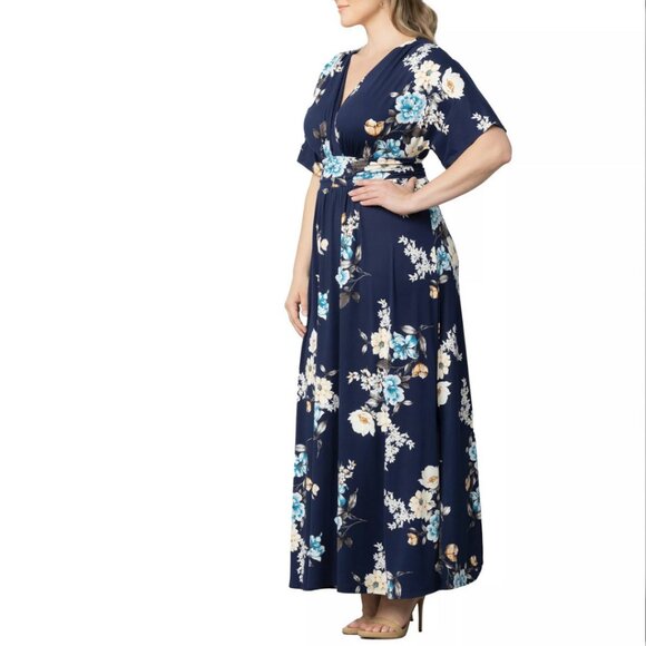 Kiyonna Womens 4X Navy Floral Print Kimono Sleeve V Neck Long Maxi Dress USA NWT - Picture 3 of 13
